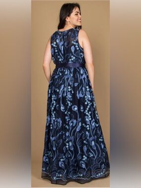 R&M Richards Navy and Light Blue Floral Embroidered Maxi Dress
